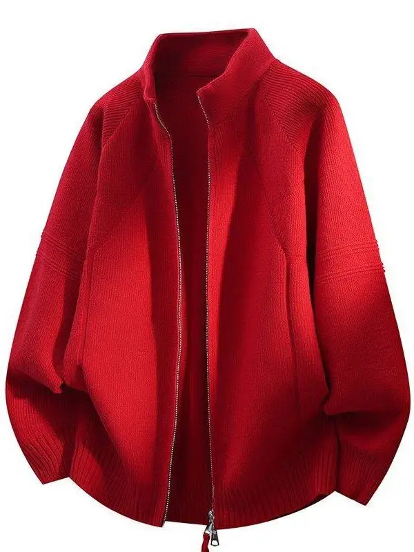 

Красный вязаный кардиган на молнии для мужчин, свободный повседневный свитер на Лунный Новый год, верхняя одежда, зимний молодежный вязаный свитер, теплый