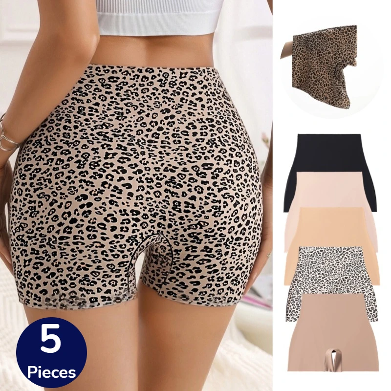 BZEL 5PCS Damenhöschen mit hoher Taille, die den Bauch straffen, Boxershorts, weibliche Mode, sexy Dessous, Leopardenmuster, atmungsaktiv, gemütlich, Boyshorts