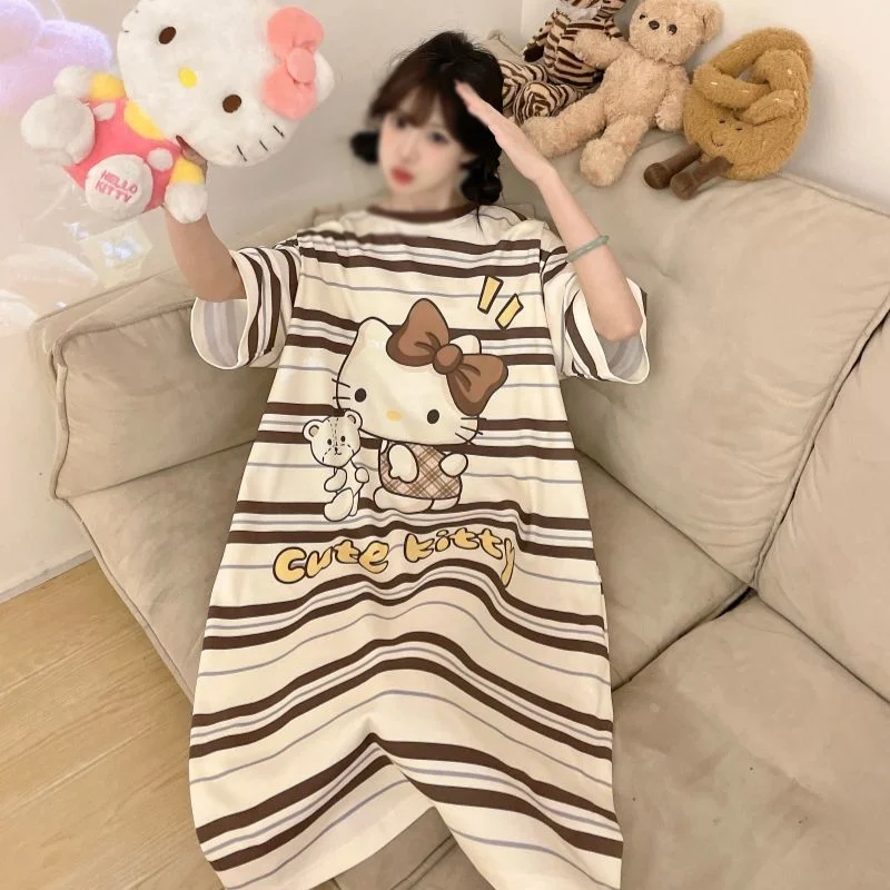 

Милое платье-пижама Sanrio Hello Kitty, летняя ночная рубашка, длинные платья, неглиже, женская ночная юбка, повседневная домашняя одежда, новый стиль