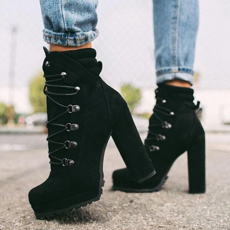 Platform High Heels Boots Women Ankle Boots Suede Woman Shoes Woman High Heels Sexy Motorcycle Boots Lace Up Punk Botas Mujer