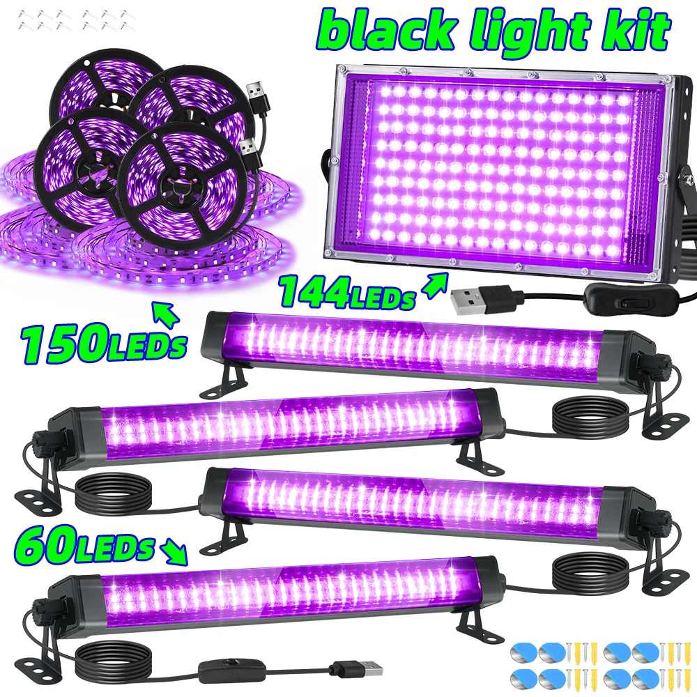 USB Black Light Kit 144LED Flood Light 60LED Blacklight Bar 150LED Purple Strip Light for Glow Party Bedroom Decor