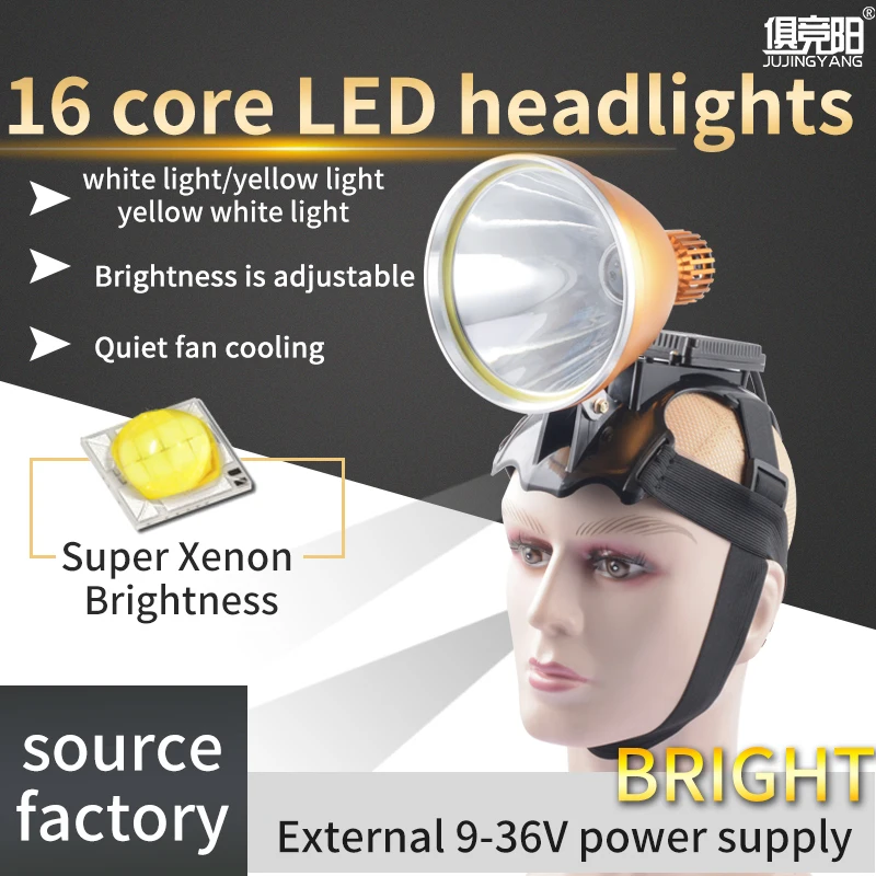 16-Core Headlamp With Strong Light And External 12V Battery Super-Concentrated Fishing Lamp Outdoor Long-Beam Miner\'S Lamp