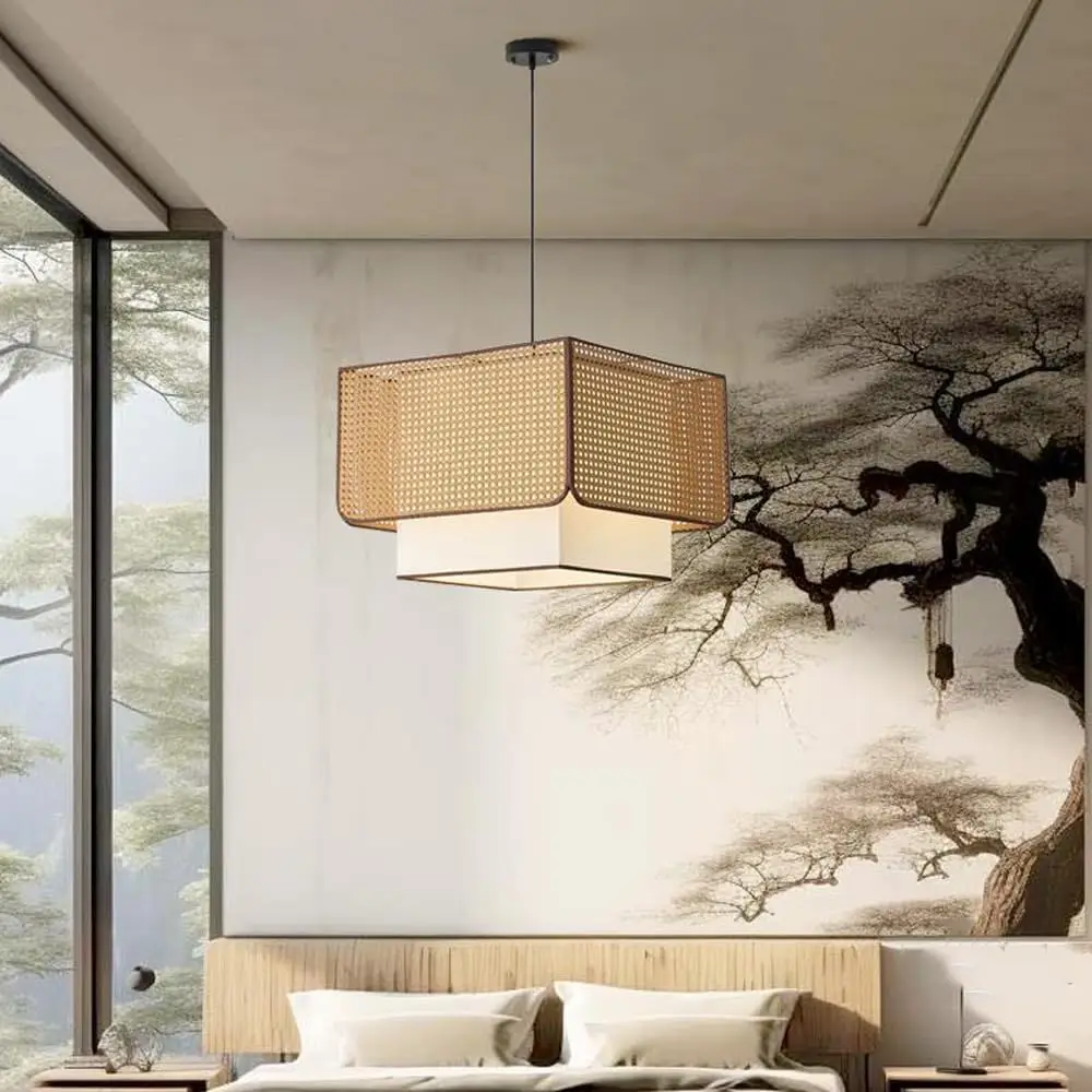 

Japanese retro restaurant chandelier Wabi-sabi hand-woven rattan chandelier Living Dining Room Coffee Dining Table Deco Lighting