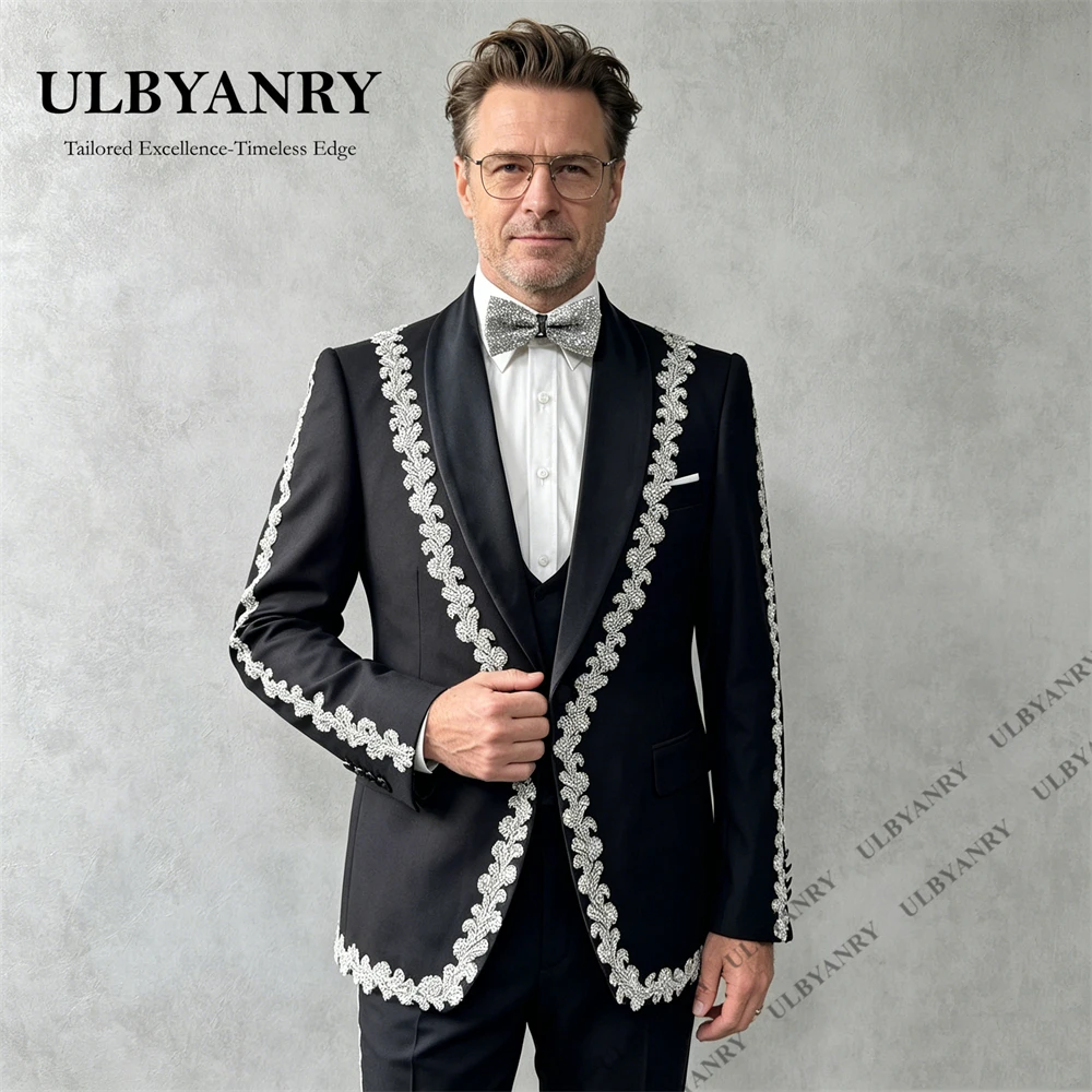 ULBYANRY Beaded High End Men's Slim Fitting Suit Three Pieces Formal Suit Attire, Jacket Vest Pants One Button Suit Tuxedo Set