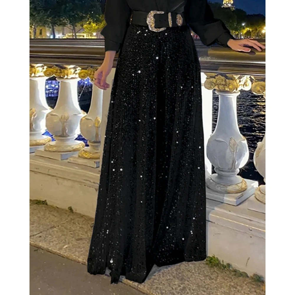 Pailletten Dekor weites Bein Overall für Frauen 2024 elegante Sommer V-Ausschnitt Langarm Overall geraffte einteilige trend ige Party-Outfits