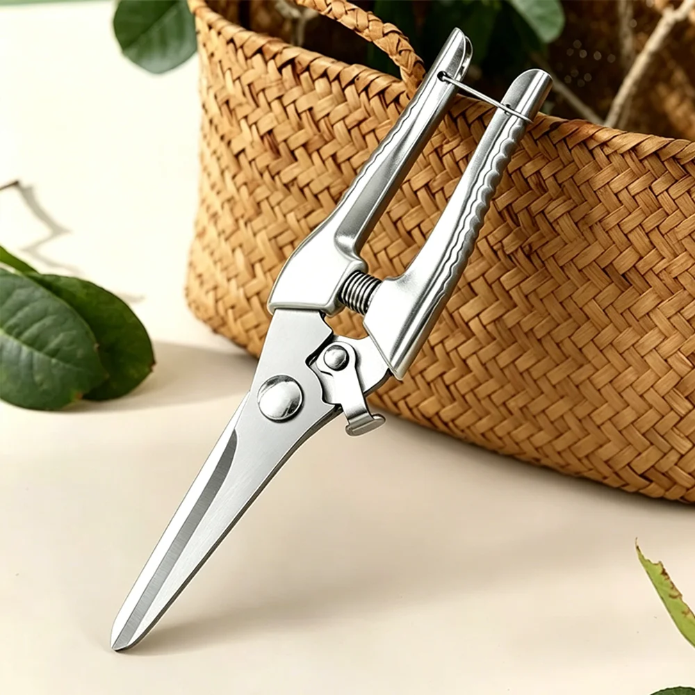 Straight Blade All Stainless Steel Pruning Shears, Household Garden Fruit Scissors with Automatic Return Spring