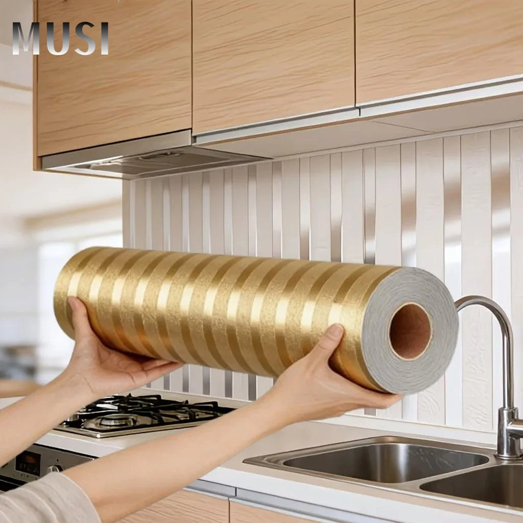 

Self Adhesive Gold Striped Wallpaper, Peel and Stick Metallic Texture Wall Paper for Home Decor Removable 3D Wall Stickers