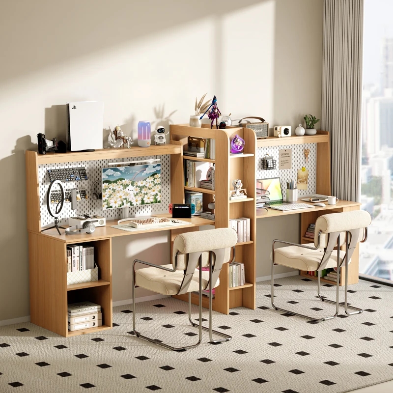 

Solid wood double computer desk hole board long e-sports table workbench children's desk bookshelf integrated study table