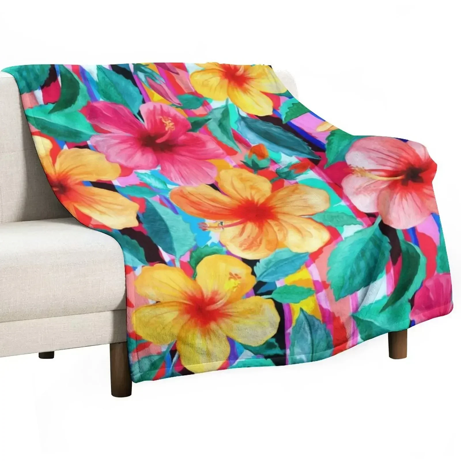 

OTT Maximalist Hawaiian Hibiscus Floral with Stripes Throw Blanket Decoratives Quilt Blankets