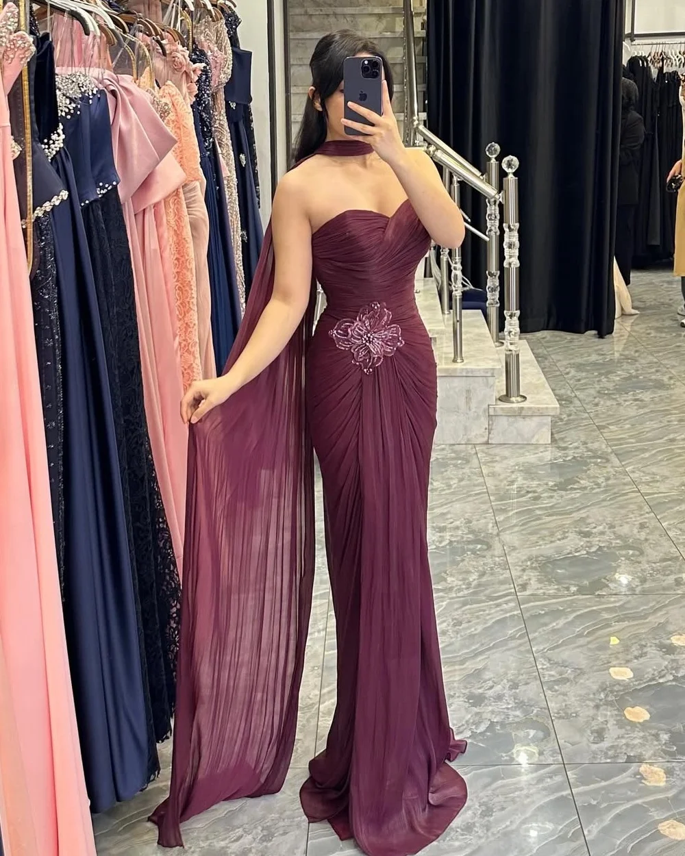 

Customized Modern Style Formal Chiffon Handmade Flower Beading Mermaid Strapless Long Dresses Bespoke Occasion Dresses Matching