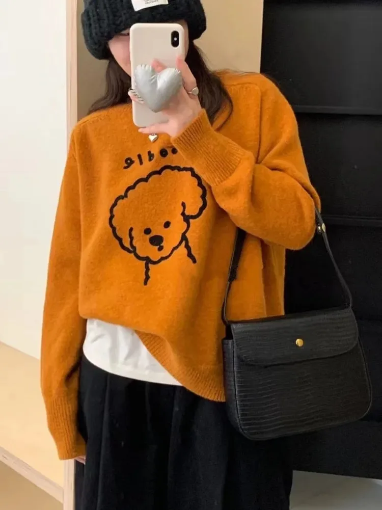 Cartoon Teddy Dog Sweater Women Autumn Winter Loose Pullover Knit Jumper Chic Casual Sweet Sueter Mujer Y2k Oversized Sweater