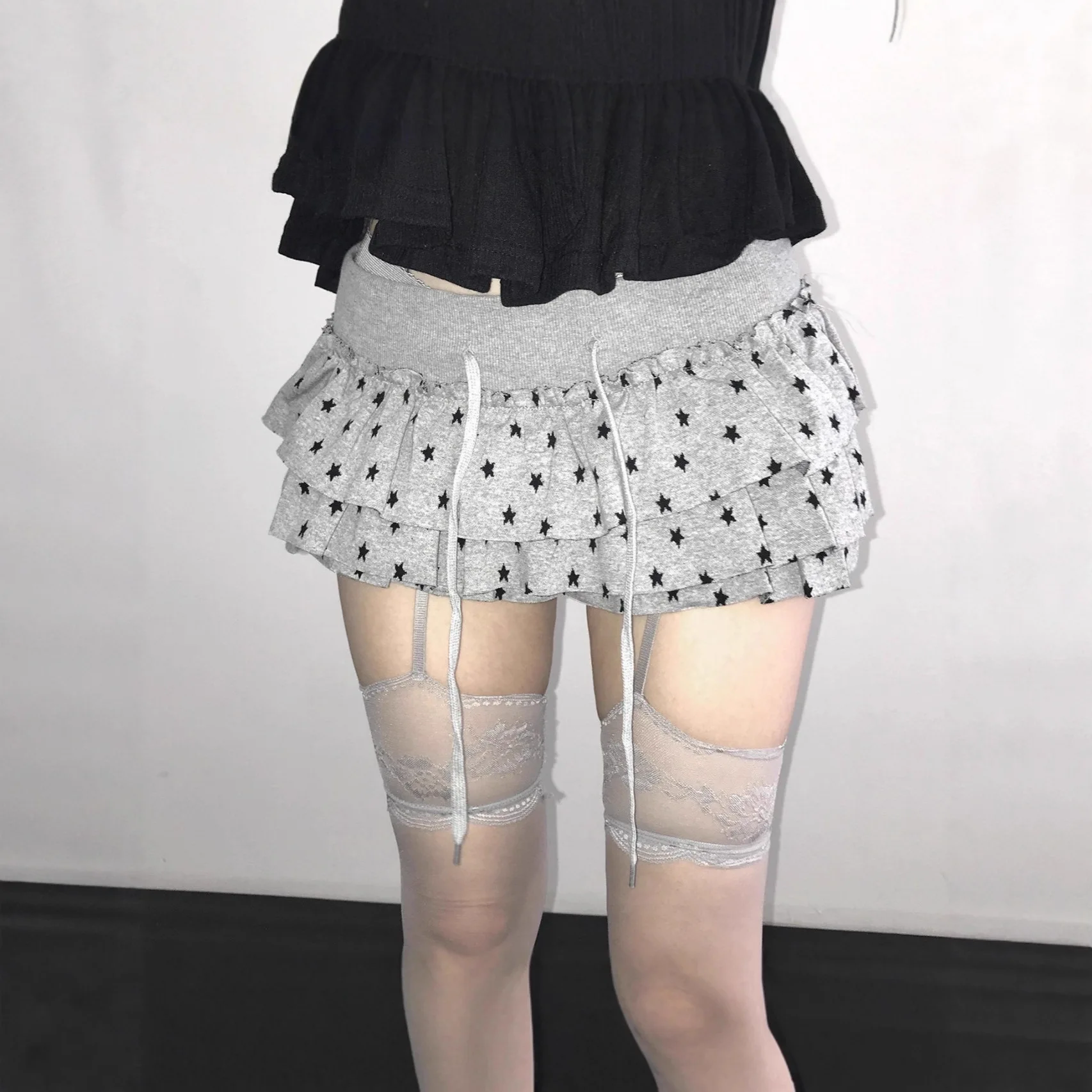 

XINGX Printed Multi-Layer Lotus Leaf Skirt Drawstring Elastic Waist Sweet Cool Hot Girl Style Spring and Autumn Cake Dress Women