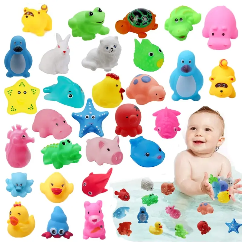 13pcs Baby Cute Animals Bath Toy Swimming Water Toys Soft Rubber Float Squeeze Sound Kids Wash Play Funny Toys Gifts