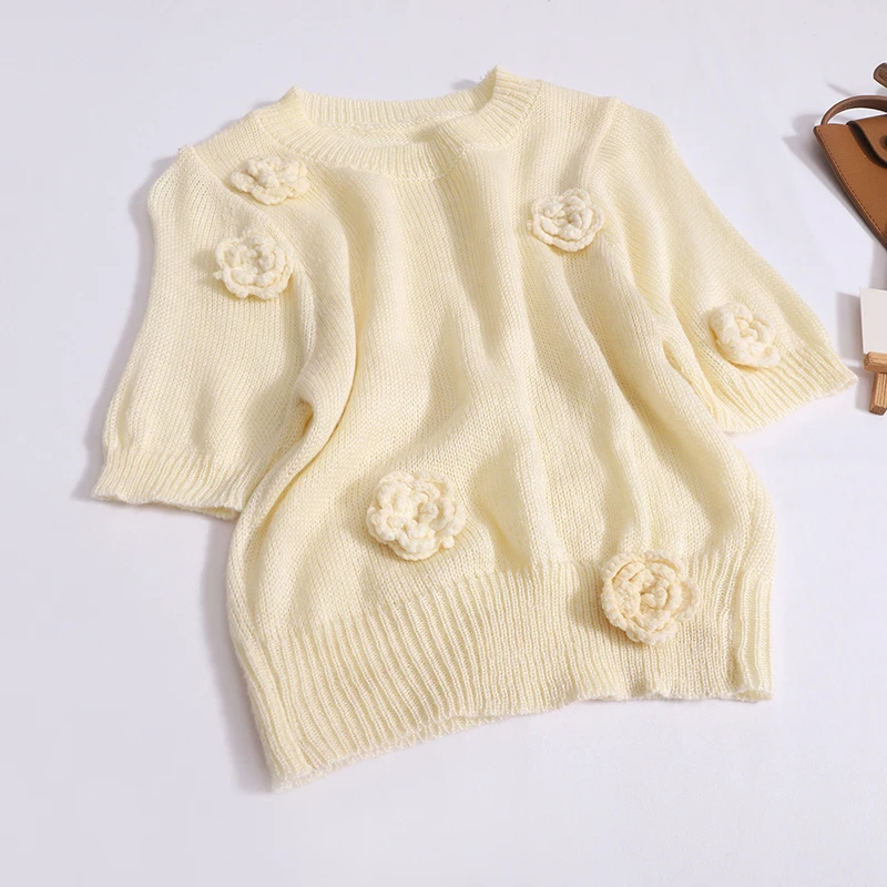 

Женская Винтажная футболка с коротким рукавом, элегантный трикотажный топ с круглым вырезом, украшенный цветами, для отпуска, лето