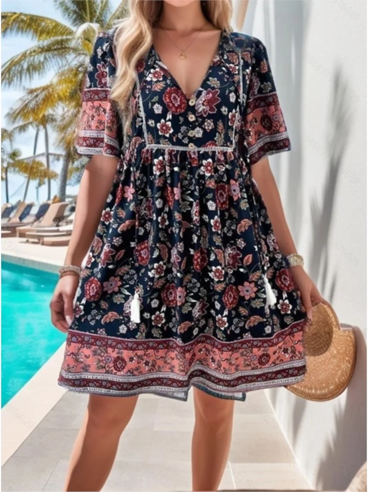 Women Floral Print Boho Beach Mini Dress  Summer V Neck Short Sleeve Lace Up Casual Loose Holiday Dresses Robe Female