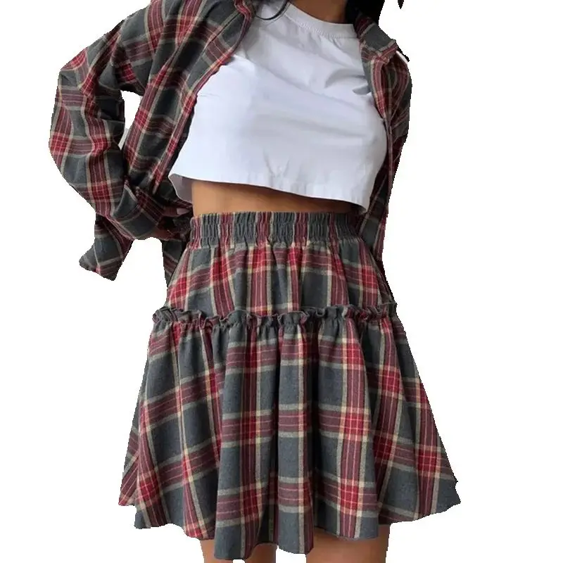 

2025 Fashion Loose Plaid 2 Piece Sets Women Outfit Elegant Long Sleeve Shirt With High Waist Mini Skirt Set Female