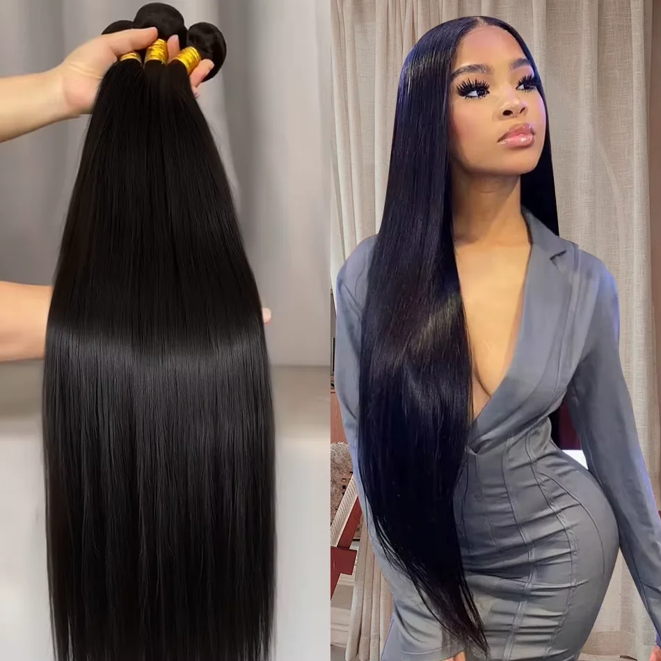 

34 32 Inch Bone Straight 100% Weave Human Hair Bundles Raw Hair Extensions Brazilian Natural Black 3 4 Bundle Deals Unprocessed
