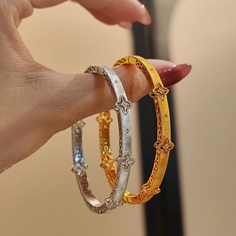 BELLUX S925 Pure Silver Handmade Brushed Clover Bracelet Light Luxury Fine Gold Silver Vintage Bangle