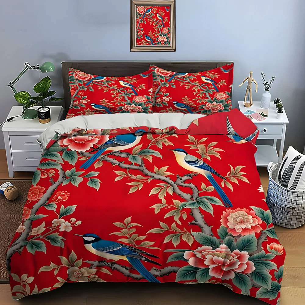 Birds and Flowers on Red Pattern Duvet Cover Set Digital Print Colorful Polyester Bedding with Zipper Closur for kids gifts