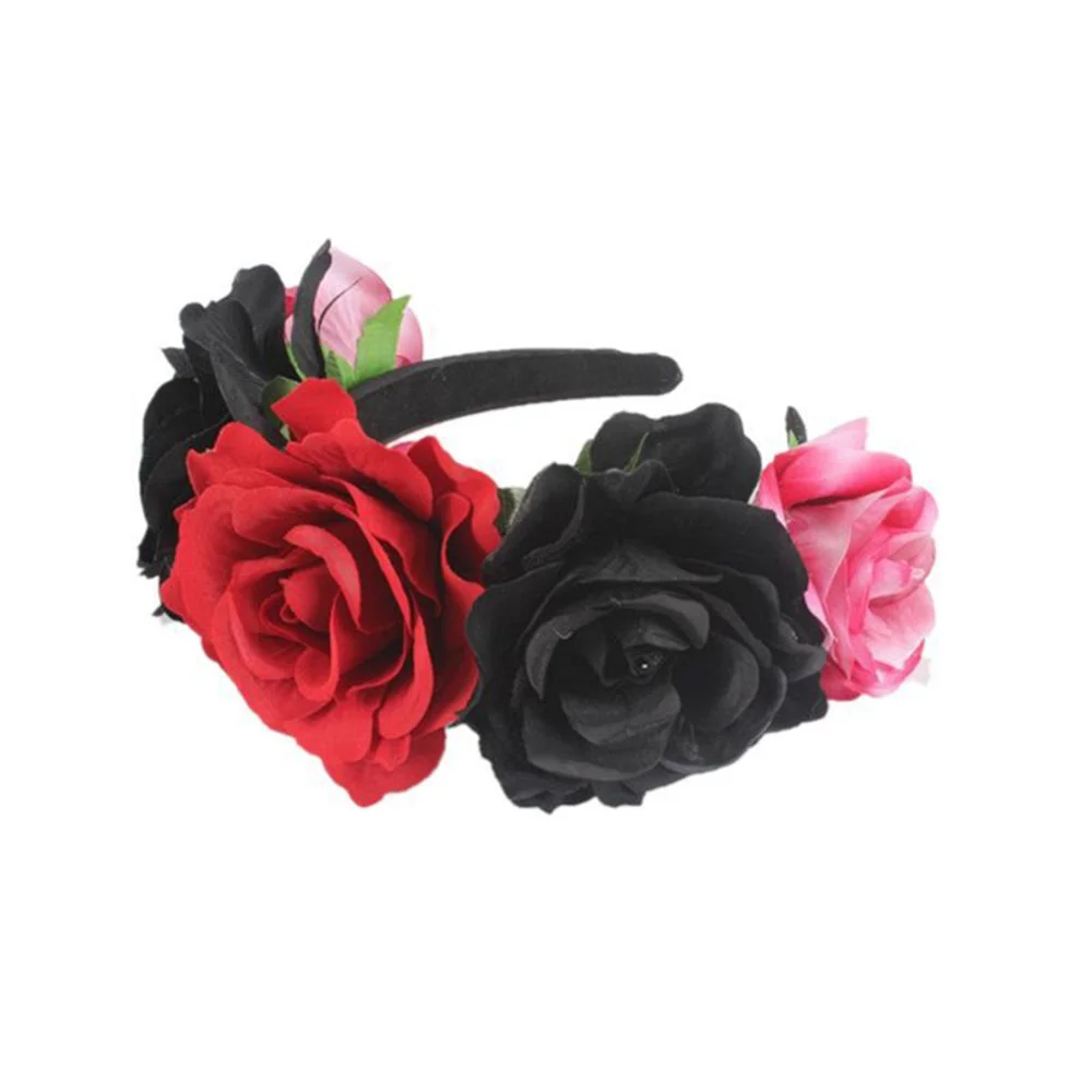 Women Mexican Simulated Rose Flower Crown Headband Day Of The Dead Halloween Hair Band Girl Colorful Fake Stamen Party Hair Hoop