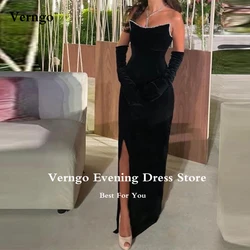 Verngo Simple A Line Velvet Long Evening Dresses Strapless Long Gloves Split Arabic Women Party Prom Gown Night Dress Customized