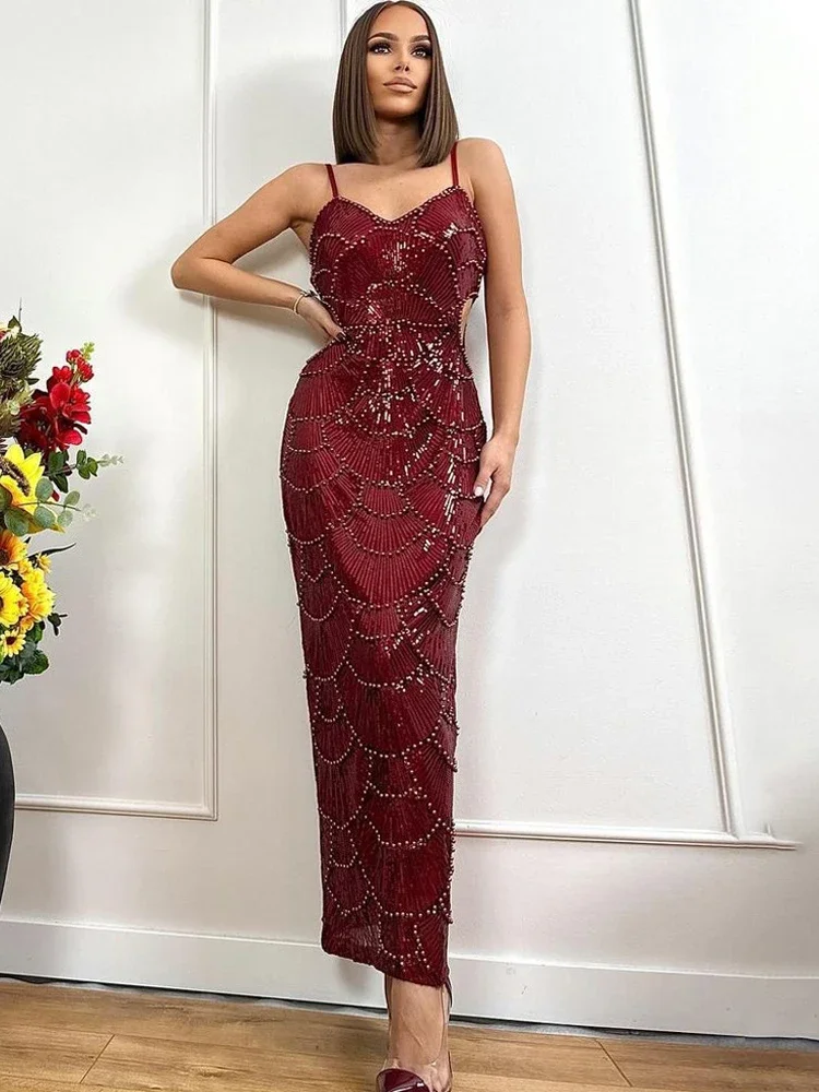 BWQ Women's Sequins Beaded Cut-Out Long Dress Sexy Pearls Sequin Embellished Backless Corset Party Dresses Birthday Outfits