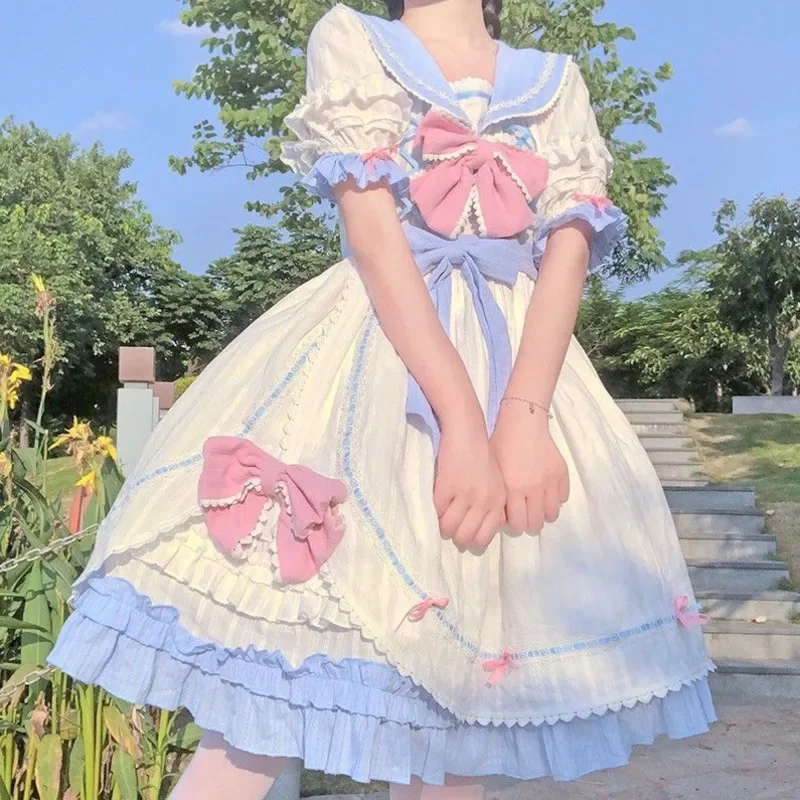 

2025NEW Summer Cotton Short Sleeved JK Lo Skirt Pleated Ruffle Edge Sailor Suit OP Princess Dress Bow Sakura Hime Dresses Lolita