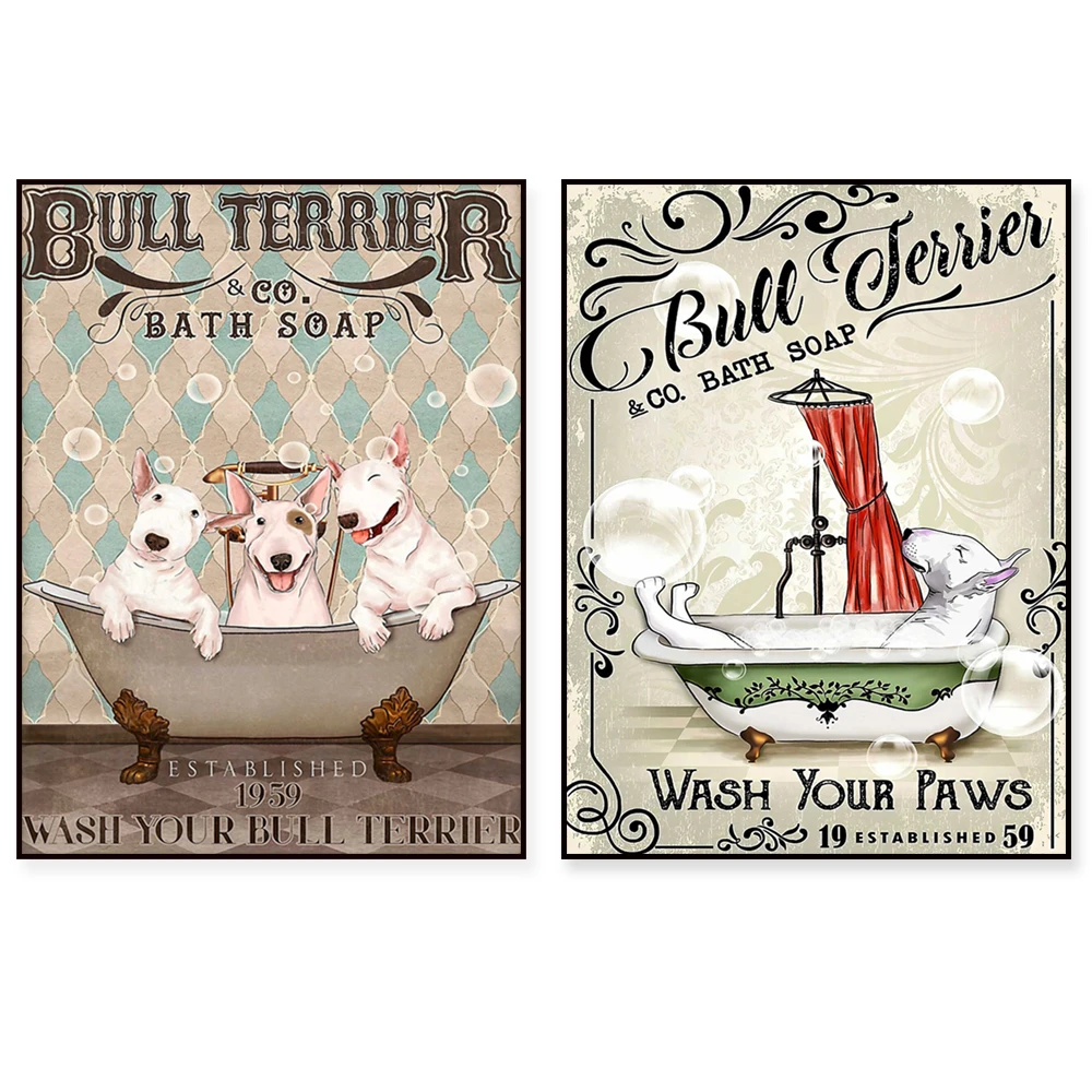 

Funny bull terrier bath soap company wash your paws bathroom poster, dog art, bathroom wall art, funny bathroom sign