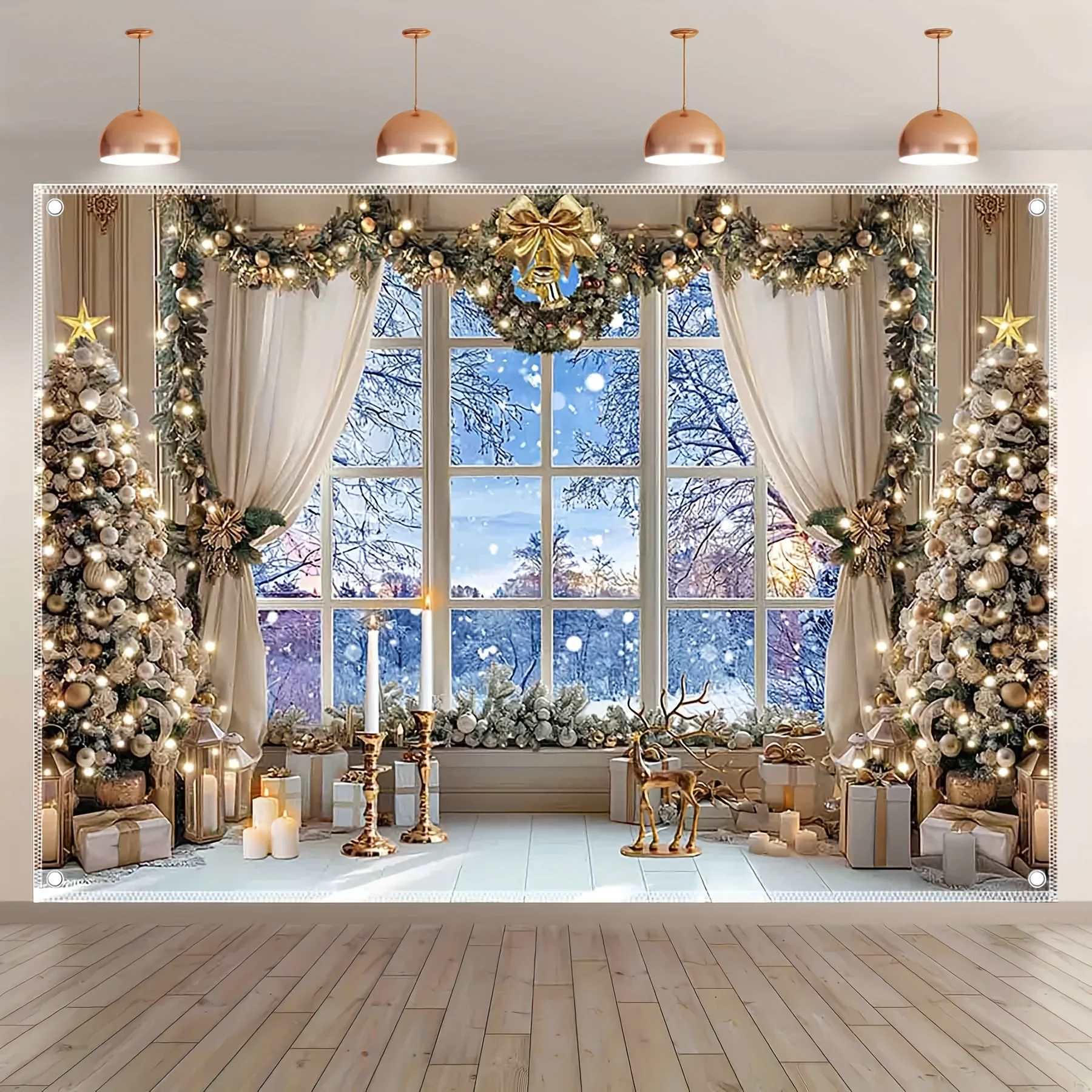 2D-Flugzeug, 1 Stück Winter-Schneeszene, Weihnachtsfotografie-Hintergrund – Polyesterfaser, Party-Dekoration für drinnen und draußen