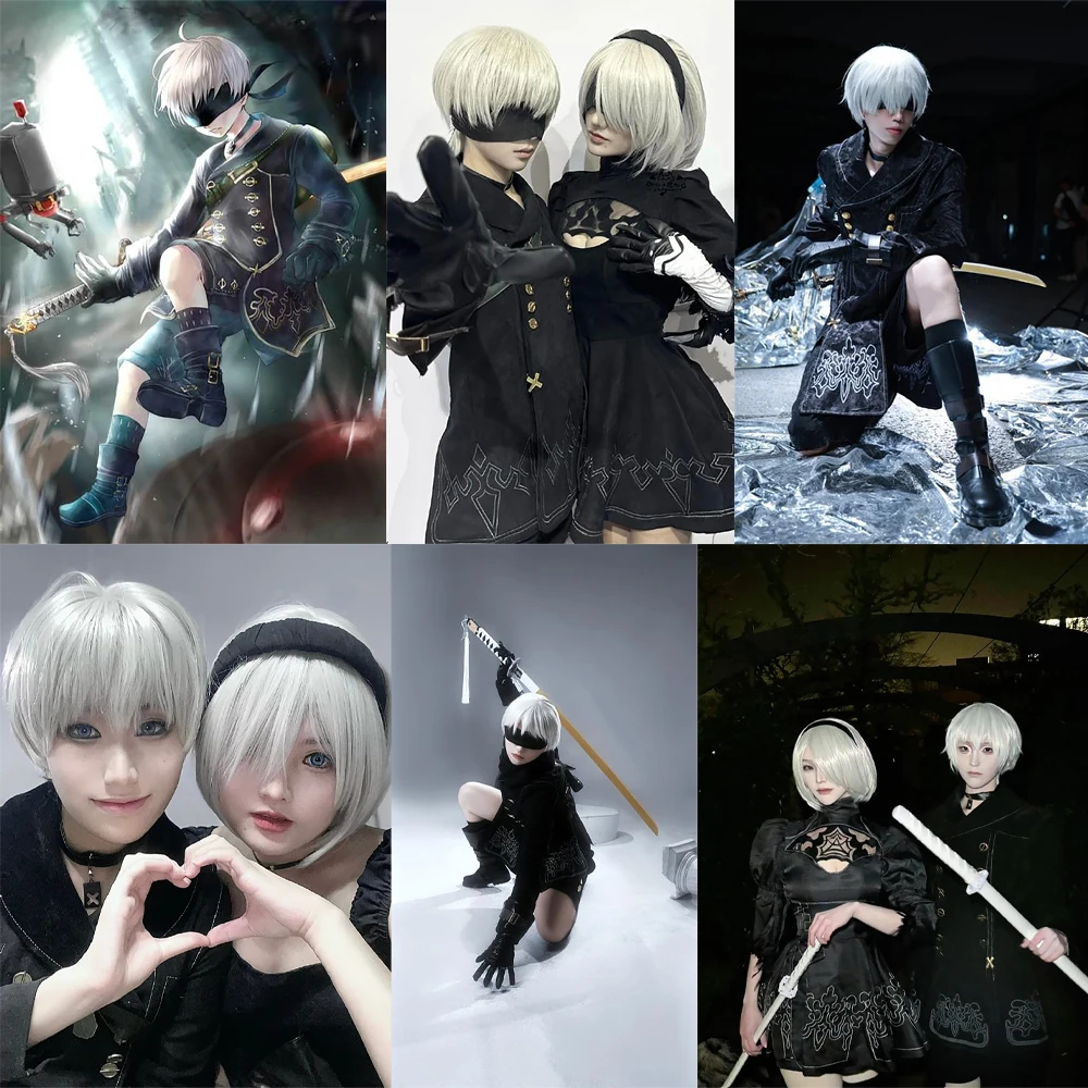 Nier: Automata 2b/9s شعر أنيمي كوسبلاي مركب فضي-رمادي، فضي-أبيض شعر قصير مستقيم، شعر مستعار لحفلات الهالوين