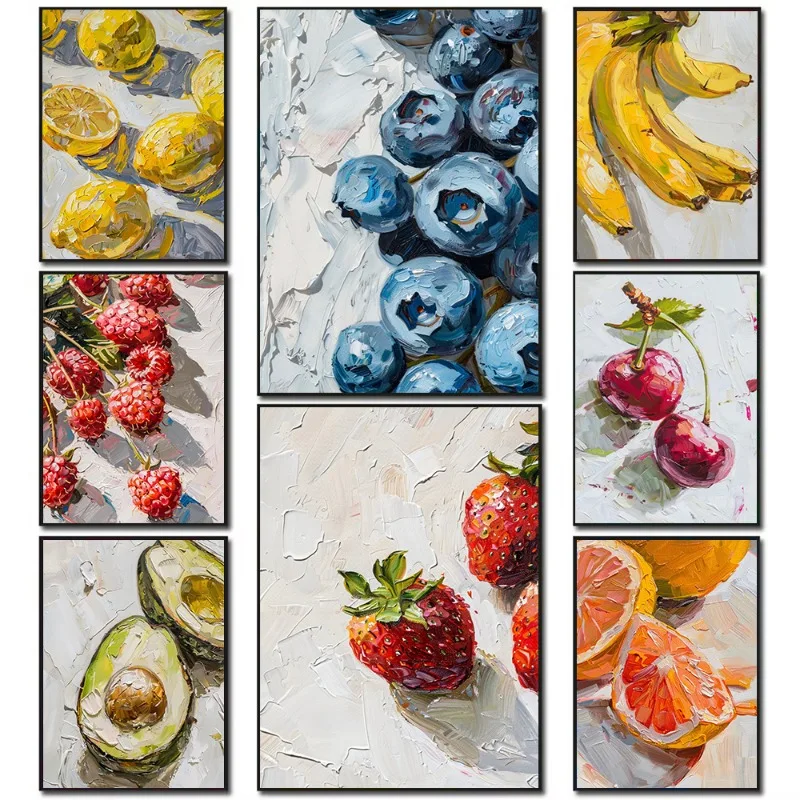 Arte de fruta rústica, naranja, plátano, fresa, aguacate, limón, lienzo, póster, decoración de pared de cocina, pintura de estilo granja, accesorio para el hogar
