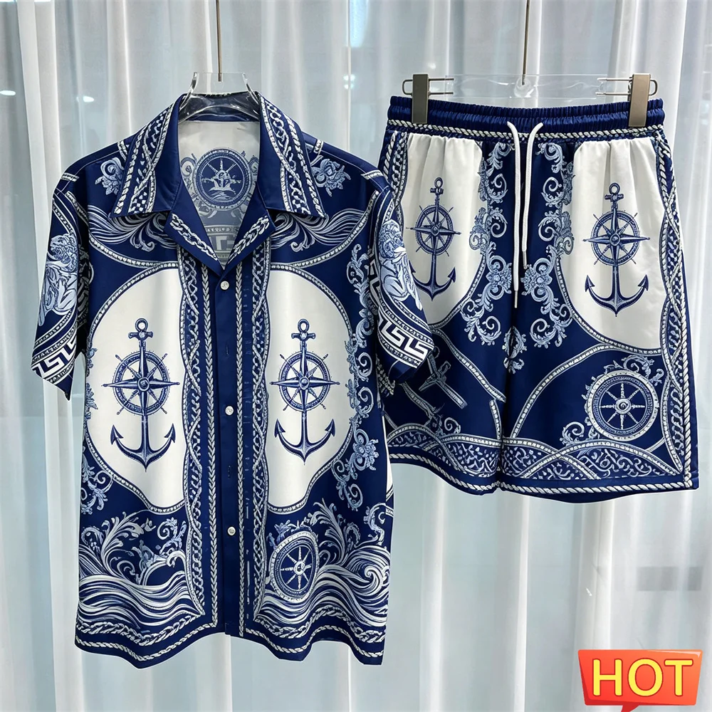 Sommerliches Herren-Hemdset im Retro-Seemannsstil, luxuriöses zweiteiliges Hemdset, lässiges, hochwertiges Hemd- und Hosen-Set für Herren, Outfit mit Knöpfen.