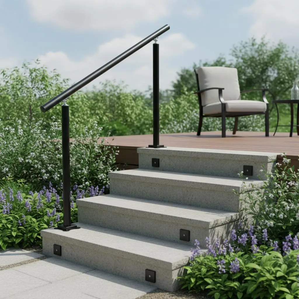 

Exterior Staircase Support System 3 FT Balustrade For Porch Garden Patio, 1-3 Steps Adjustable Angle Black Aluminum Construct