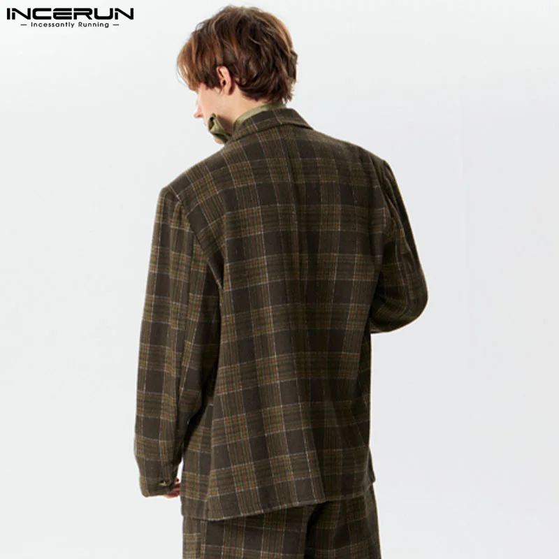 2024 Men\'s Plaid Blazer Lapel Long Sleeve One Button Streetwear Casual Suits Men Spring Elegant Fashion Male Coats S-5XL INCERUN