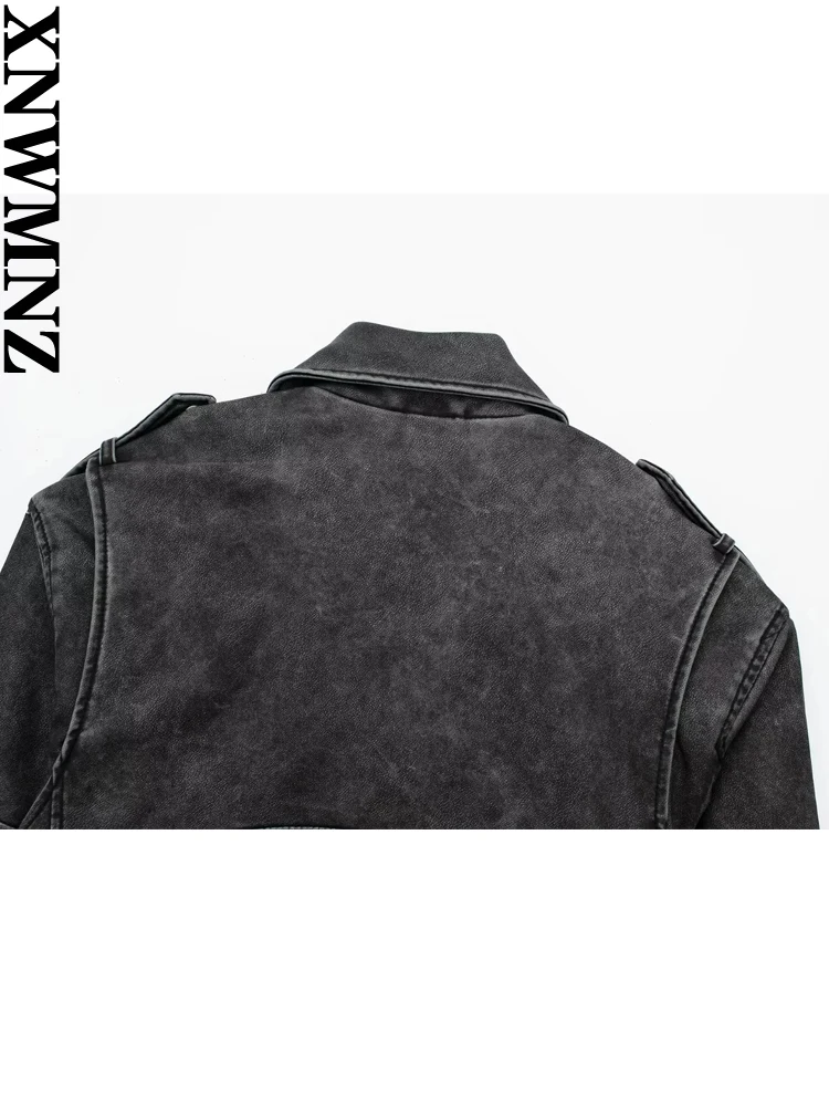 XNWMNZ 2023 Women\'s Fashion Autumn/Winter Faux Leather Worn Effect Biker Jacket Women Retro Long Sleeve Zipper Female Coat