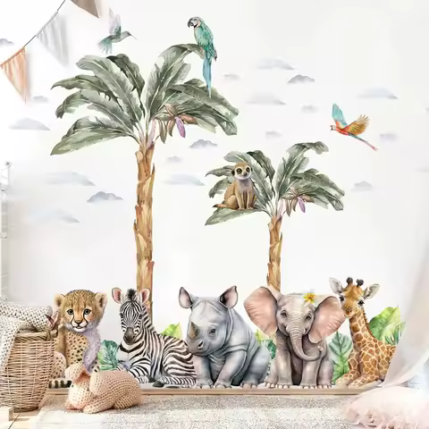 Africa Safari Giraffe Elephant Lion Birds Parrot Wall Decal Sticker Jungel Forest Tree Animal Decals Bedroom Playroom Decor