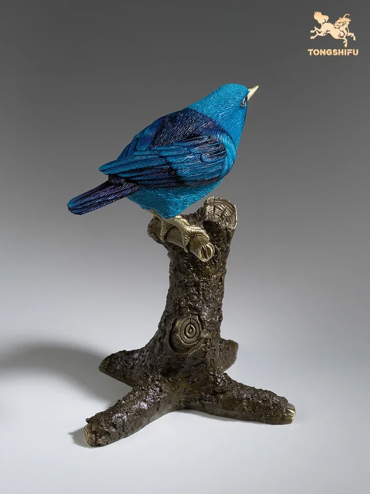 Copper Handicrafts Animal Figurine Blue Billed Sparrow Statue Brass Animal Sculptures Birds Collection Home Room Decoration Gift