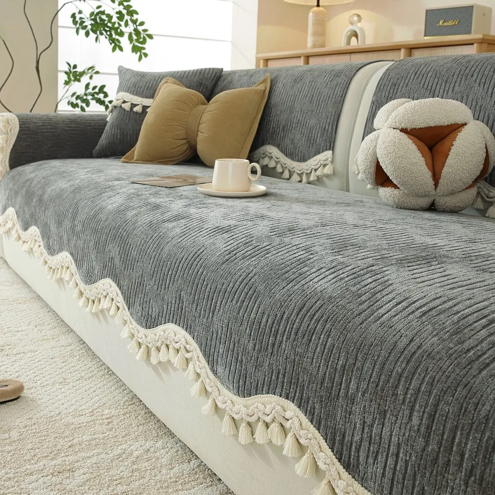 Wave Chenille Sofa Mat Four Seasons Universal Light Luxury Modern High End Backrest Towel Anti Slip Leather Sofa Cover Cloth