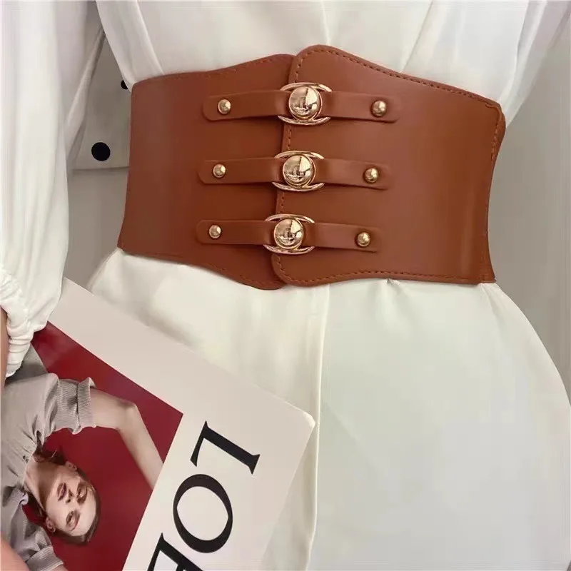 2024 New Fashion Waistband Women 70CM Elastic Adjustable PU Leather Golden Metal Buckle Luxury Versatile Coat Dress Waist Band