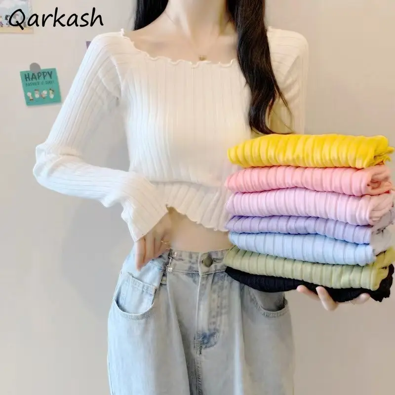 Crop Sweaters Autumn Pullovers Women Chic Ruched Sweet Feminine Pure 7 Colors Aesthetic Knit Fashion Slim Basic Tops Retro Daily