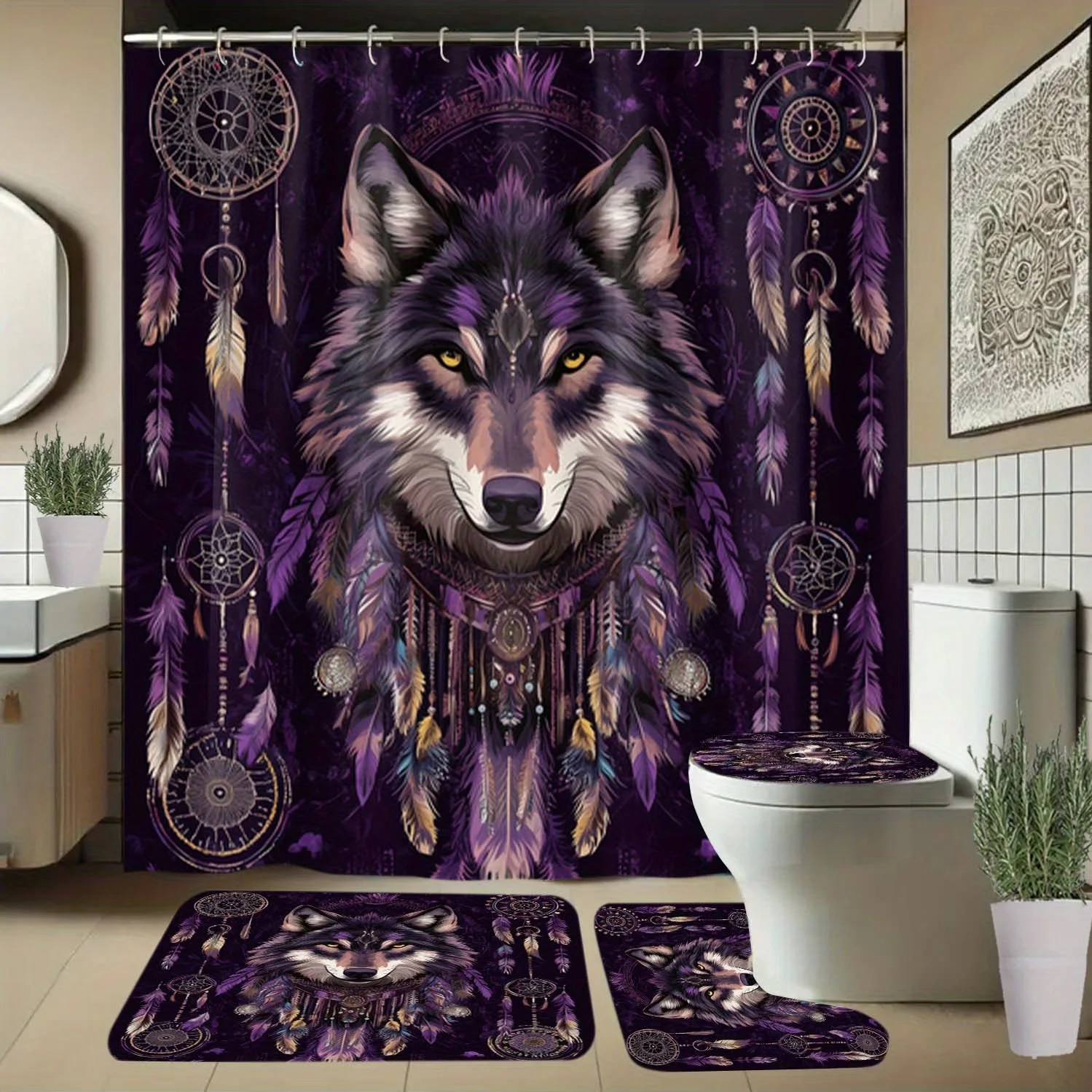 

4pcs Wolf Pattern Shower Curtain with Hooks, Bathroom Partition Curtains, Bathroom Accessories, All-Season Elegant Home Deco
