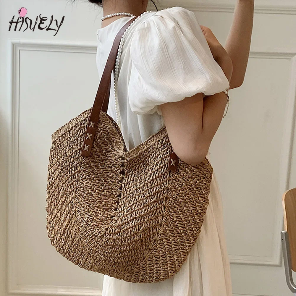 Summer Straw Bags for Women 2025 Hollow Raffia Crochet Beach Bags Rattan Woven Shoulder Bag Fashion Weaving Ladies Tote Handbags