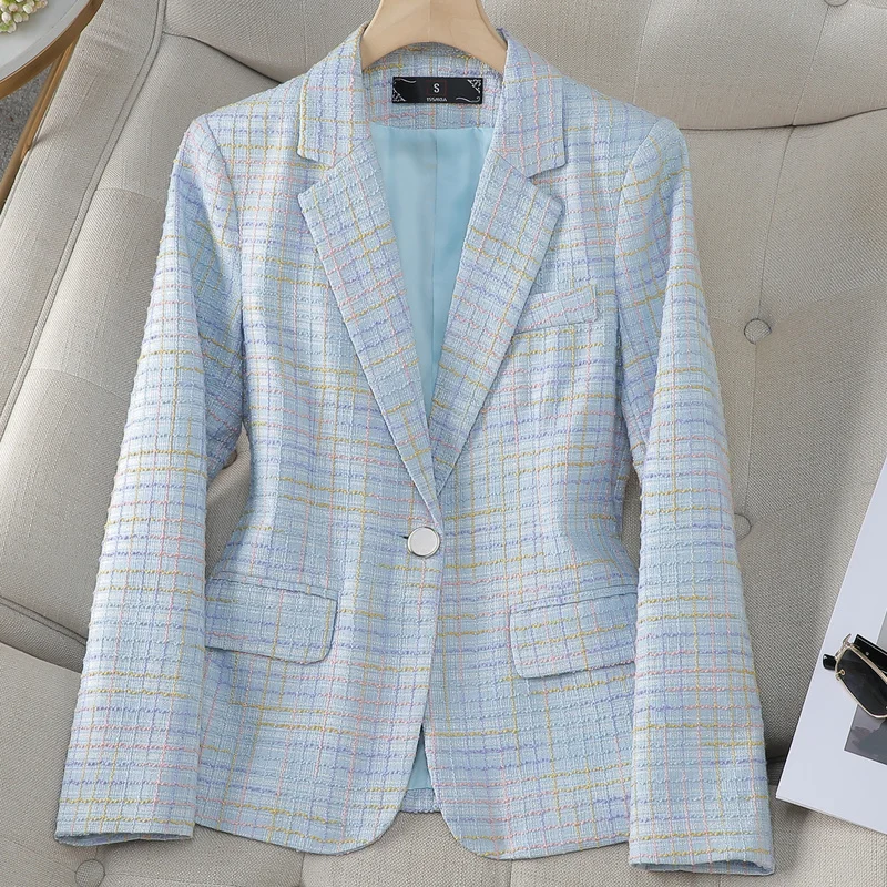 Fashion Women Casual Blazer Ladies Long Sleeve Purple Blue Green Yellow Plaid Female Jacket Coat For Autumn Winter S-4XL