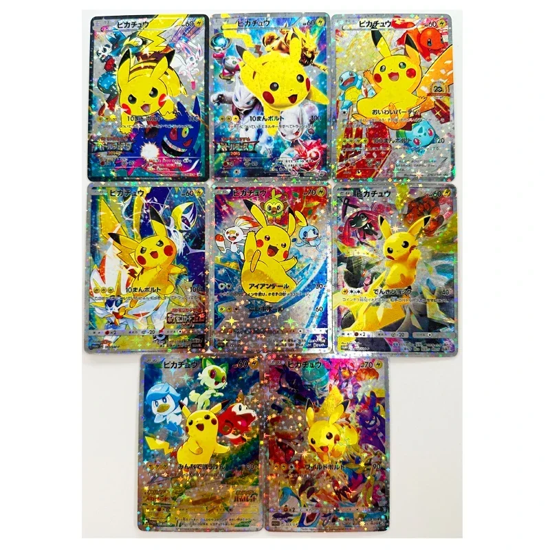 PTCG-Cartão de Coleção Refrativa Anime, Pokémon Japonês, DIY Pikachu, Presente de Brinquedo Infantil, Celebração, 8Pcs, Conjunto