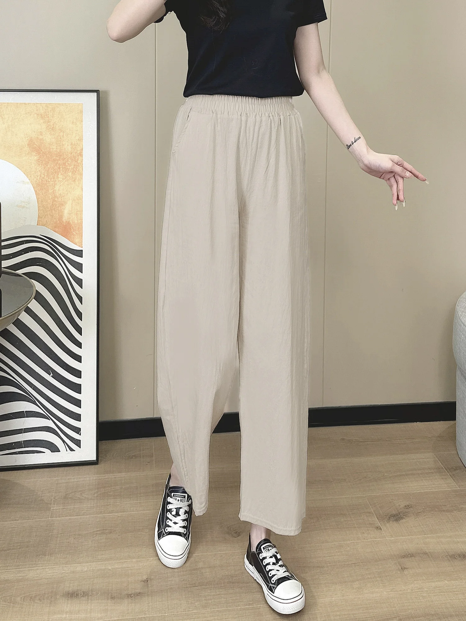 2024 Summer New Korean Cotton Linen Wide Leg Women\'s Cropped Pants Thin Loose Casual High Waist Straight Trousers Woman Clothing