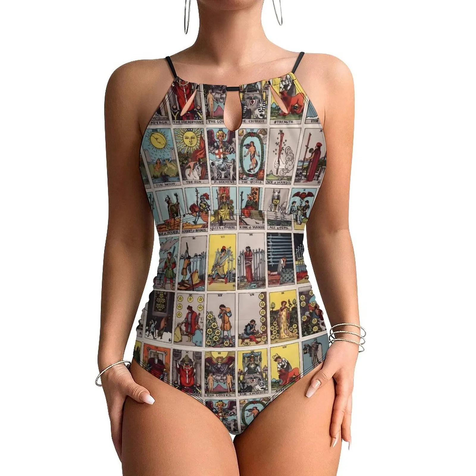 Tarot Print Swimsuit Vintage Tarots Deck One Piece Swimwear Push Up Simple Bathing Suit Sexy Vacation Bath Graphic Bodysuit