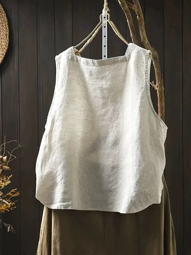 Summer New Pure Cotton Square Collar Strap Vest Women's Loose Sleeveless Top Inner Match Base Layer Outdoor Travel Yoga