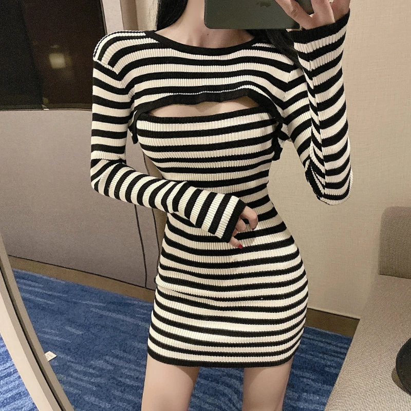 

Striped 2 Piece Set Women Fashion Streetwear Long Sleeve Knit Pullover Crop Top + Spaghetti Strap Bodycon Dress Suits