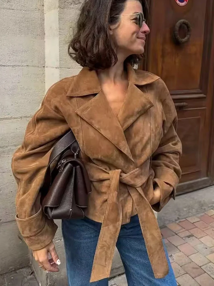 

TFMLN Women's Faux Suede Loose Jacket With Belt Long Sleeve Front Button Female Outerwear Chic Solid Color Short Overcoat