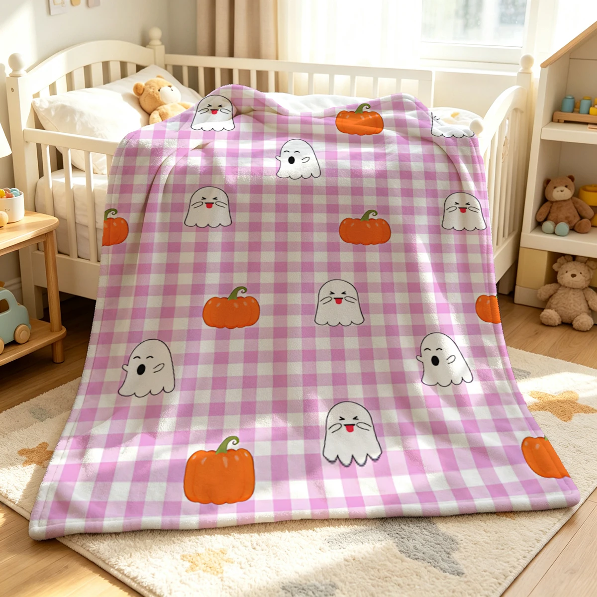 Pink Gingham Pumpkin Winter Summer Flannel Blanket Throw Fleece Soft Fuzzy Plush Cozy Fleece Blankets for Sofa Ideal Gifts